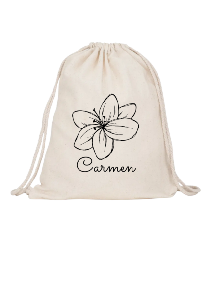 Mochila con flor y nombre personalizable